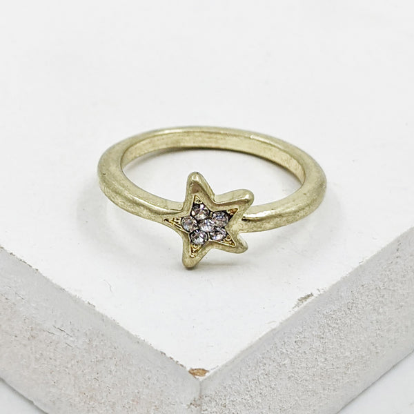 Matt gold little star ring with crystal