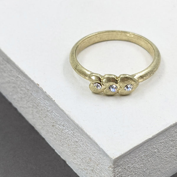 Triple mini matte gold heart ring with diamante centres