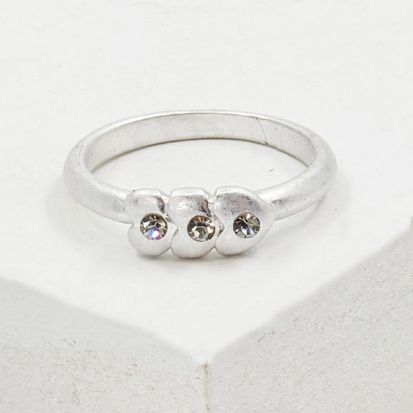Triple mini matte silver heart ring with diamante centres