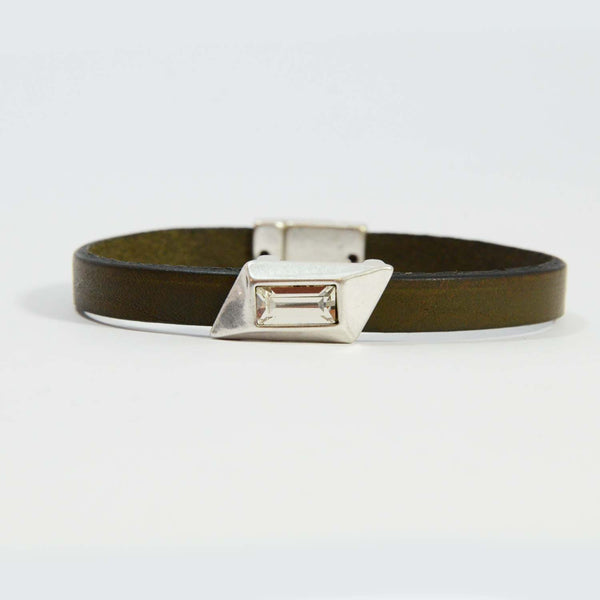 Sage leather bracelet with rectangular crystal feature