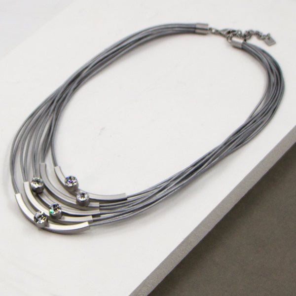 Short multi strand grey leather necklace with stones