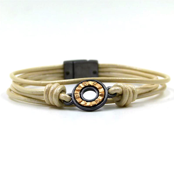 Two tone circle feature bracelet on leather