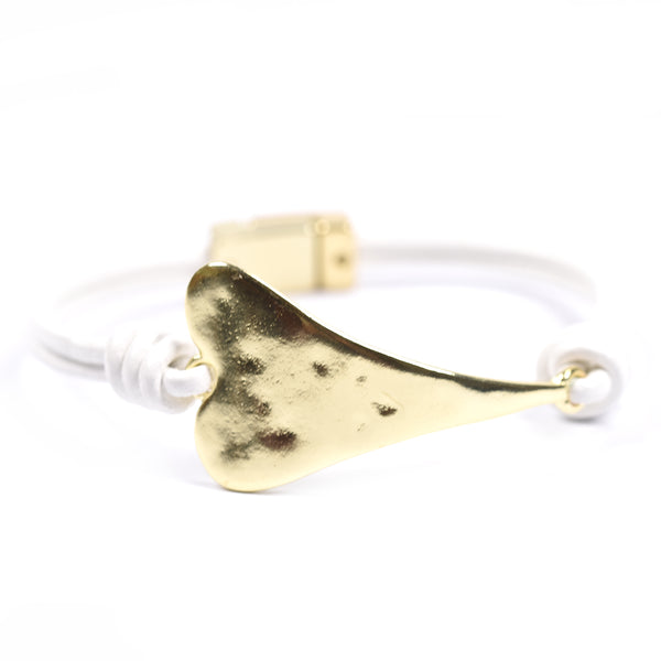 Single elongated heart on twin cord leather bracelet