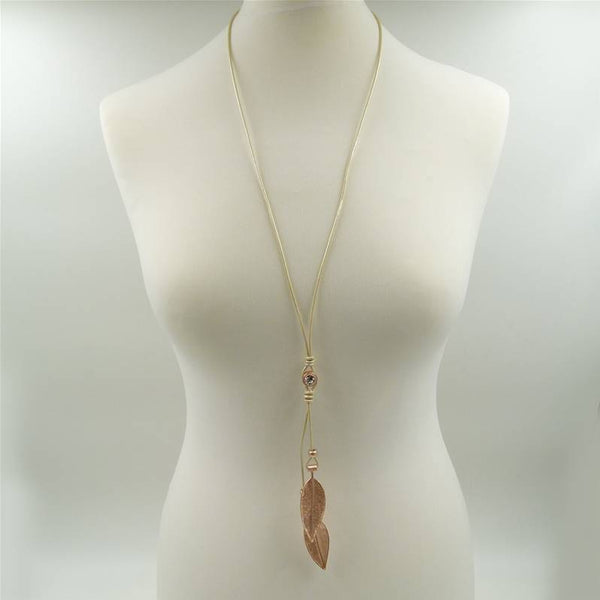 Organic two leaf crystal pendant on a stylised Y shaped long leather necklace