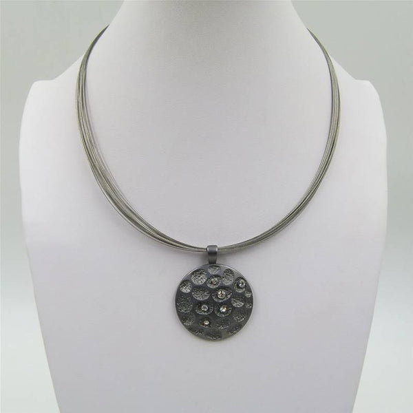 Dimpled circle with diamantes on short multi-cable necklace