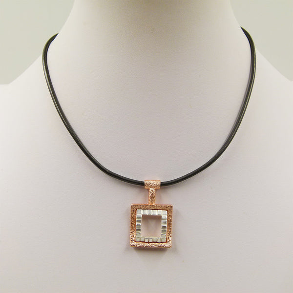 Contemporary cutout square pendant on short leather necklace
