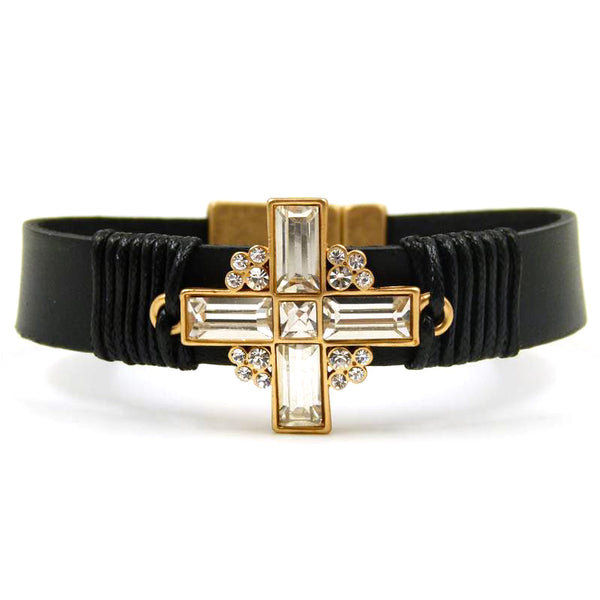 Crystal cross design on chunky leather bracelet with clasp