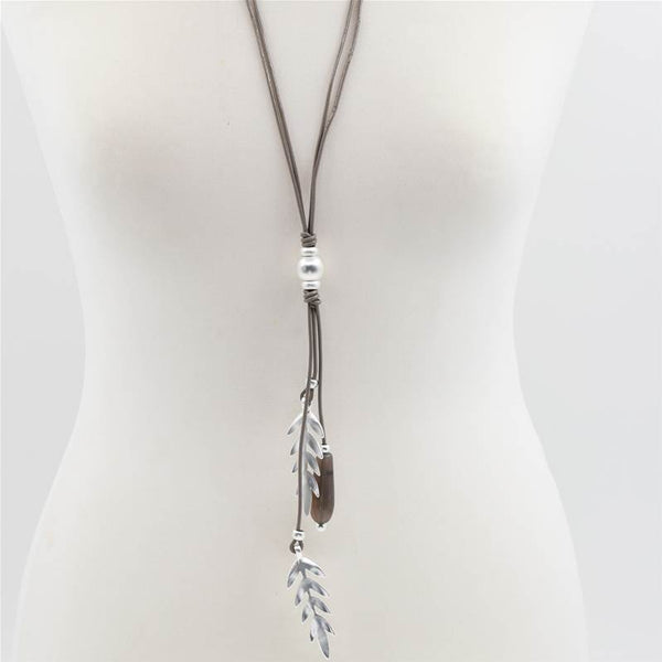 Leaf style pendants & resin feature on long leather necklace