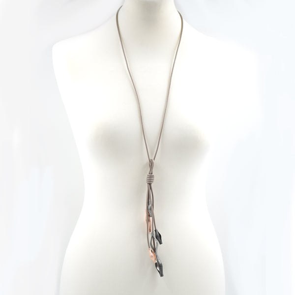 Stipled effect open tube droppers on long leather necklace
