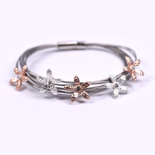 Detailed flowers w/centre crystal on delicate wire bracelet