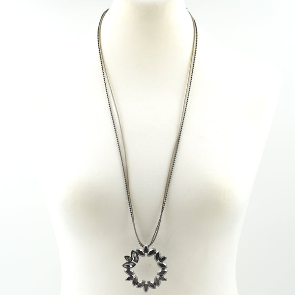Leather & ball chain long necklace w/circle petal pendant