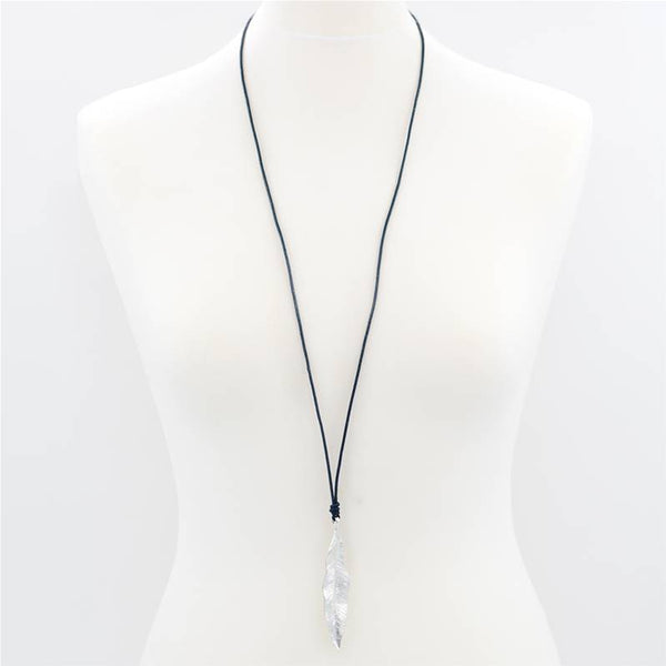 Long simple leaf pendant on long leather necklace