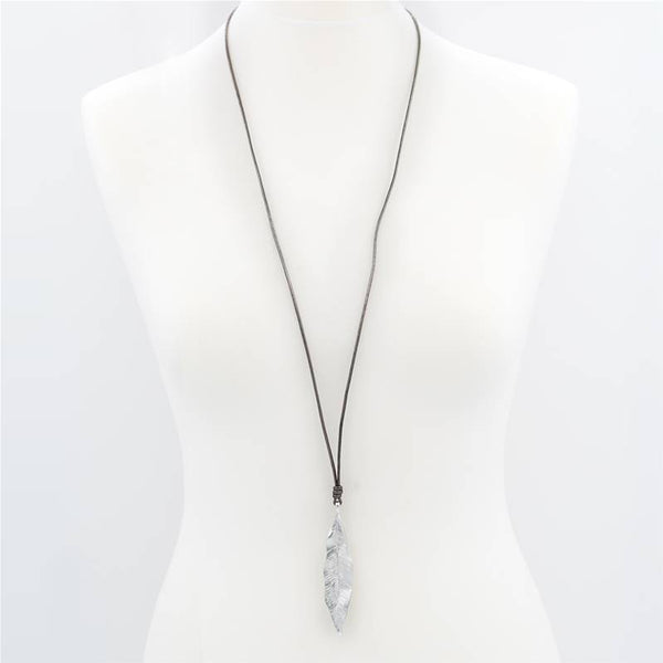 Long simple leaf pendant on long leather necklace