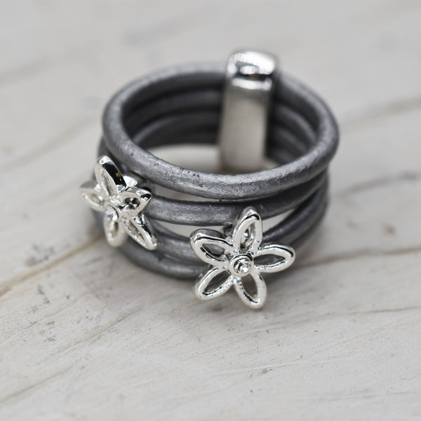 Multistrand leather ring with twin flower detail & crystals