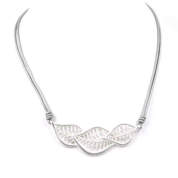 Layered cutout leaf collar on short leather necklace