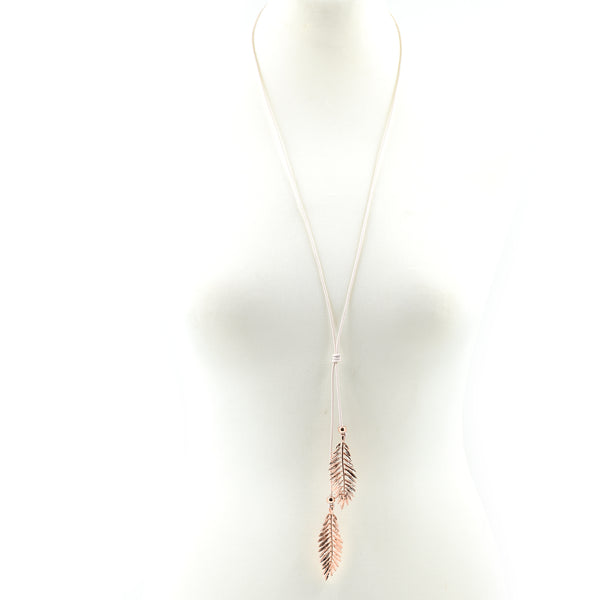 Twin leaf feather pendants on long leather necklace