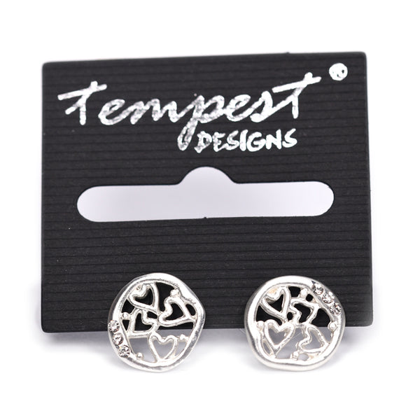 Hearts & crystal in circle stud earrings
