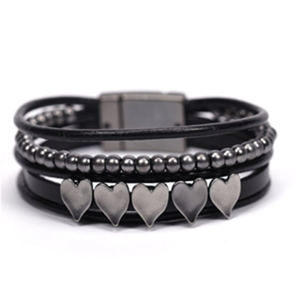 Hearts & beads on multi strand leather bracelet