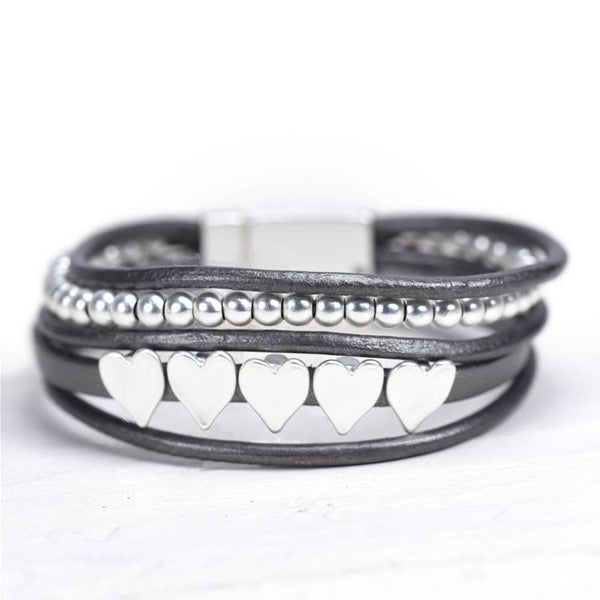 Hearts & beads on multi strand leather bracelet
