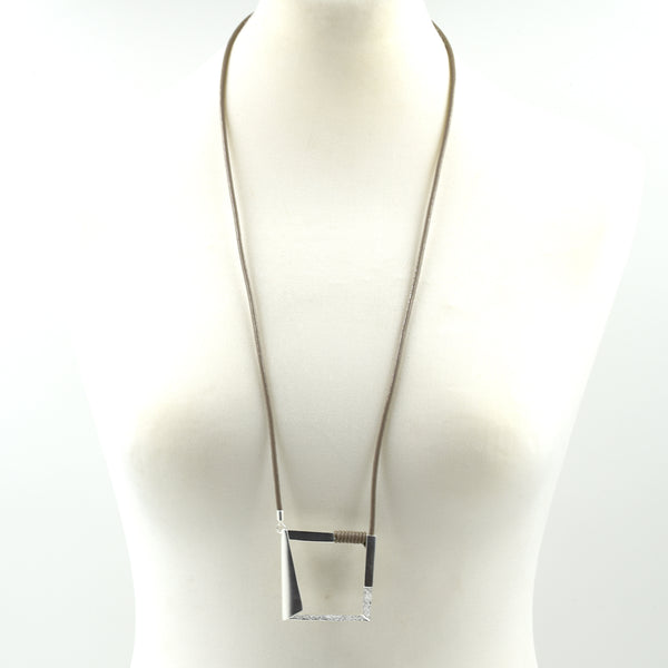 Contemporary cut our square pendant on long leather necklace