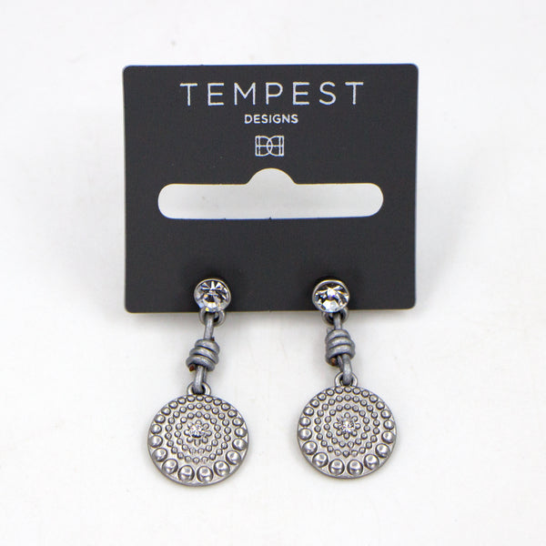 Circle drop earrings with  leather and crystal detail