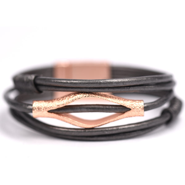 Dark grey leather cord bracelet with open metal centrepiece