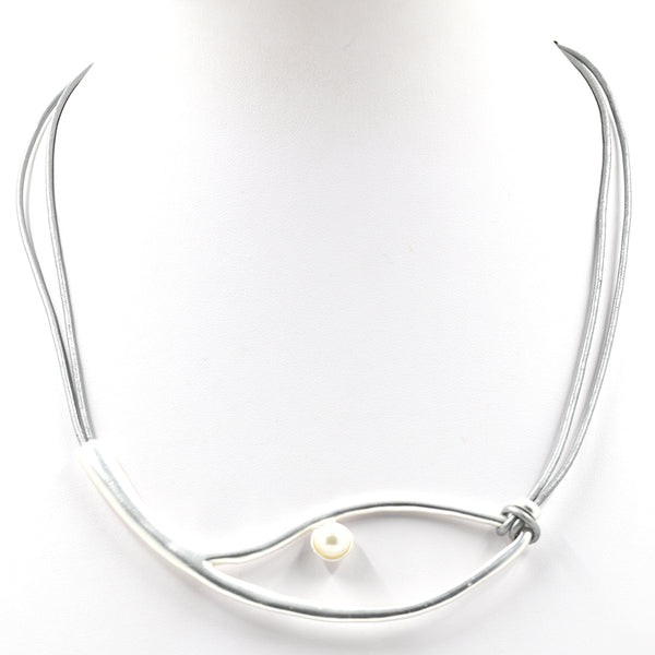 Abstract leaf-shape silver pendant & pearl on leather cord