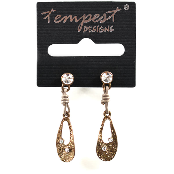 Drop earrings with metal shapes, crystal detail & taupe cord