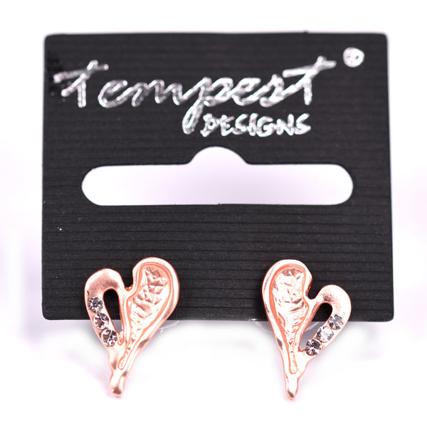 Rose gold earrings in warped heart design & crystal detail
