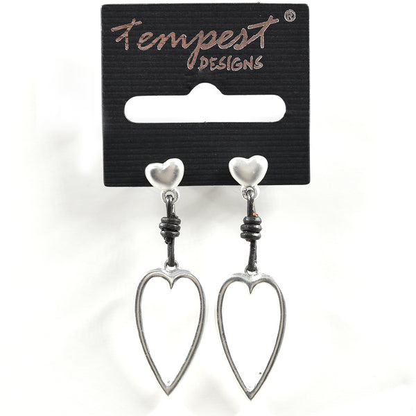 Large drop earrings with cutout heart design in matt silver