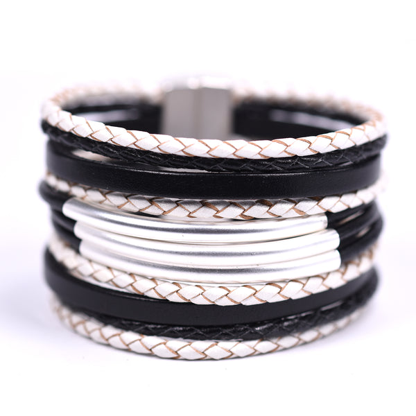 Black & white leather bracelet with central matt silver bars