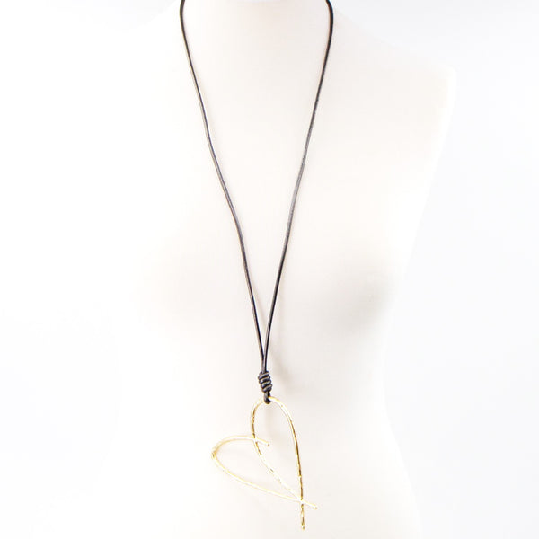 Open beaten open heart pendant on long leather necklace
