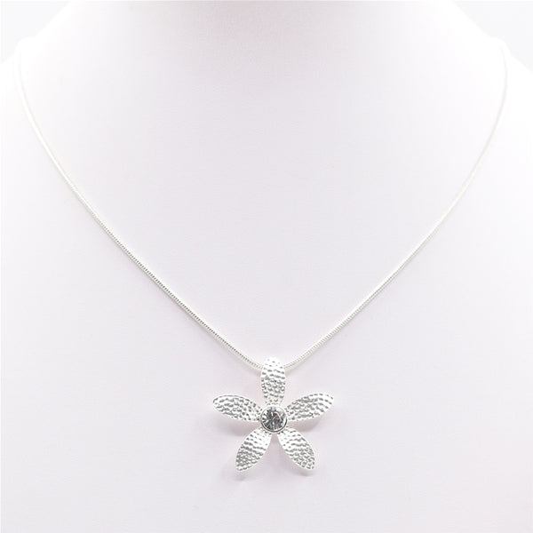 Five petal flower pendant with crystal on short snake chain
