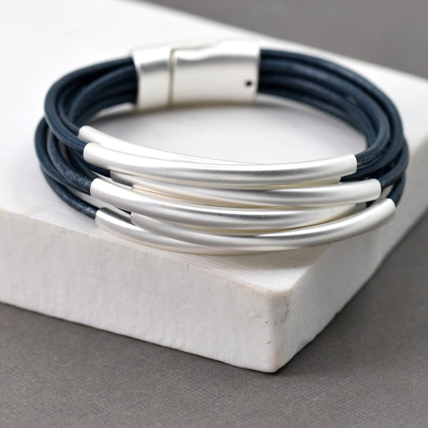 Multistrand leather bracelet with tubing & magnetic clasp