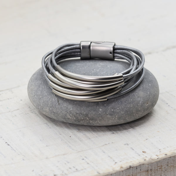 Multistrand leather bracelet with tubing & magnetic clasp