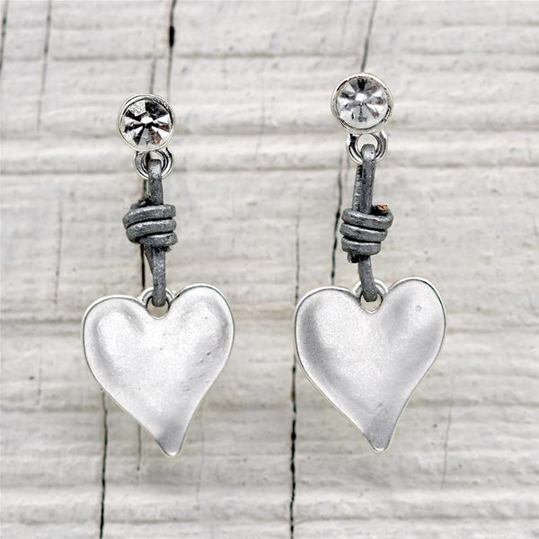 Smooth heart drop earrings with leather on a crystal stud