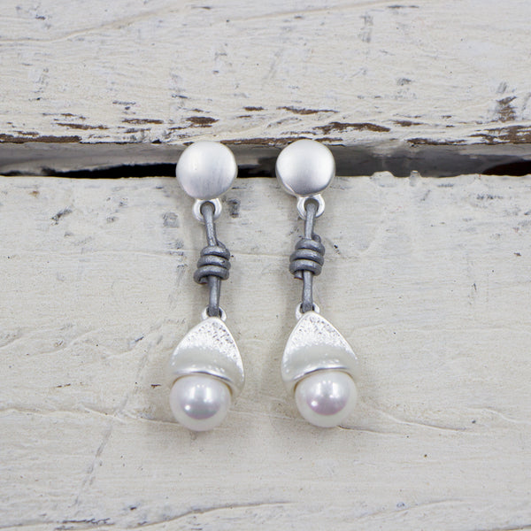 Faux pearl drop earrings with leather detail