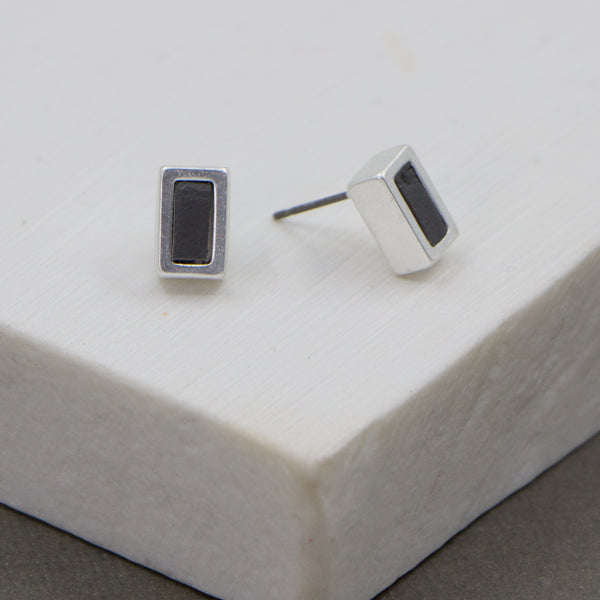 Patterned leather rectangle stud earrings