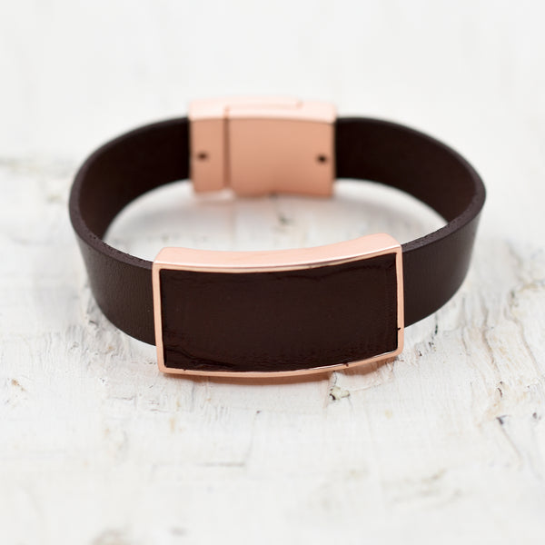 Patterned leather rectangle on leather bracelet