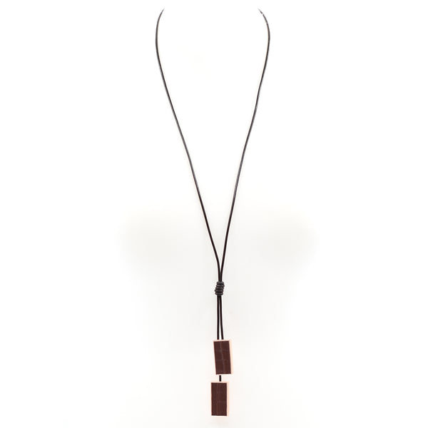 Patterned leather rectangle drops on long leather necklace