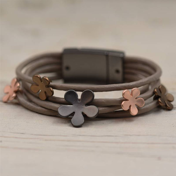 Multi Strand Bracelet with Mix Metal Flowers