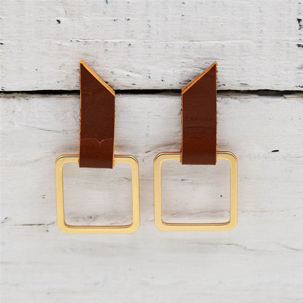Camel Leather and Metal Square Hoop Earring