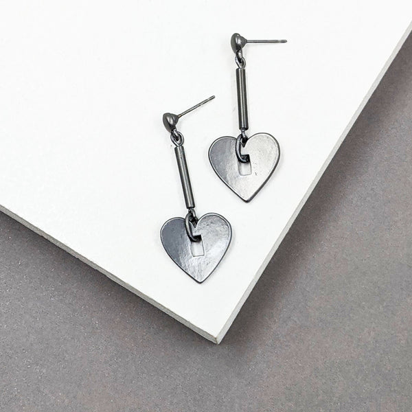Matte Post Bar Drop Earrings with Heart Detail