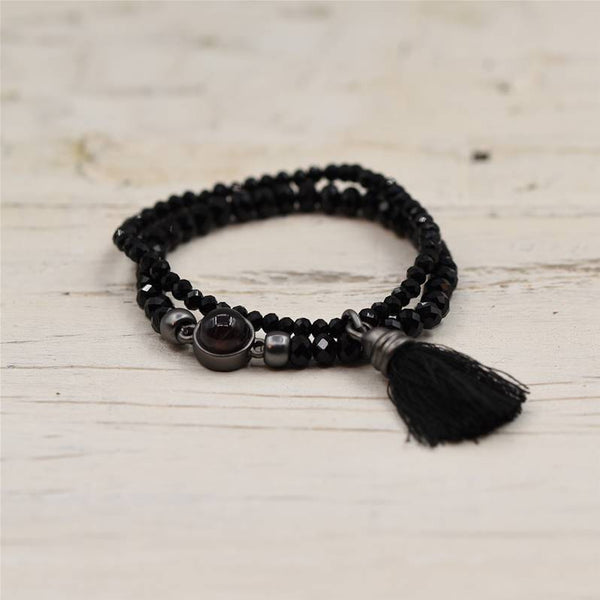 Matt Gun Metal Black and Grey Bead Detail Tassel Bracelet