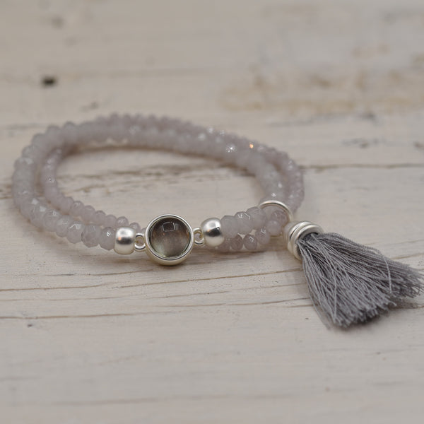 Matt Silver Taupe and Clear Bead Detail Tassel Bracelet