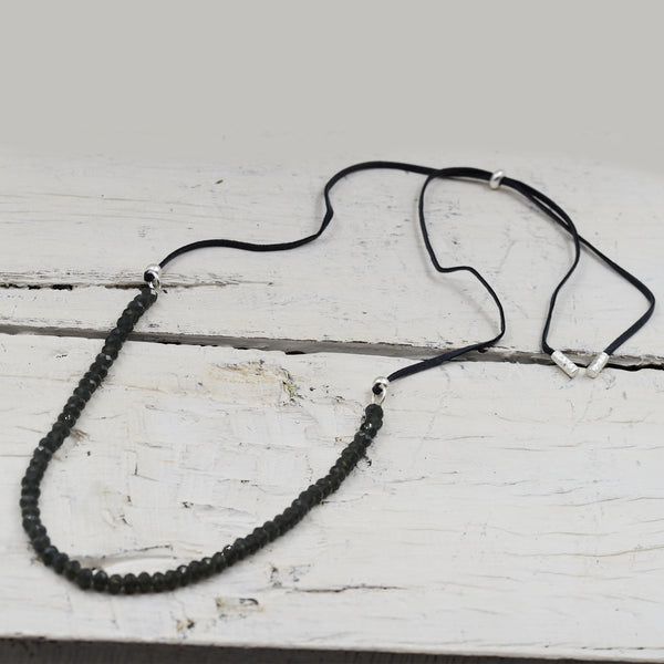 Matt Silver on Grey Leather Long Beaded Necklace