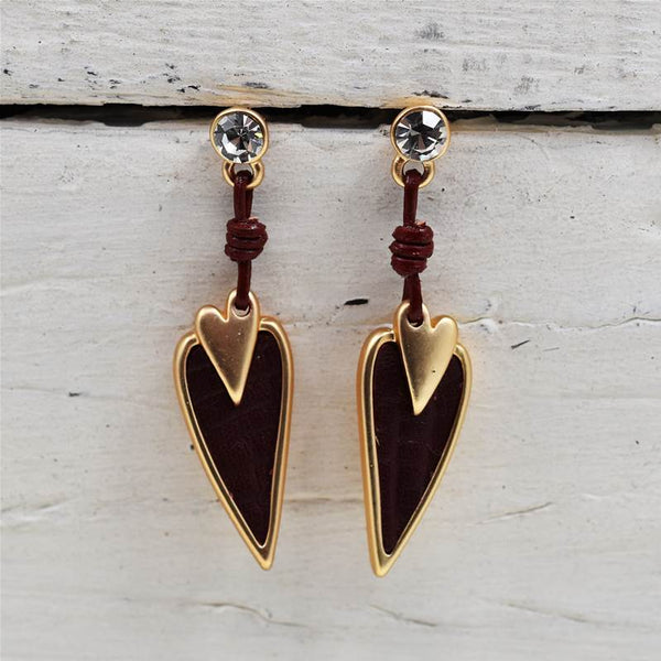 Matt Gold and Red Heart Drop Earring with Crystal