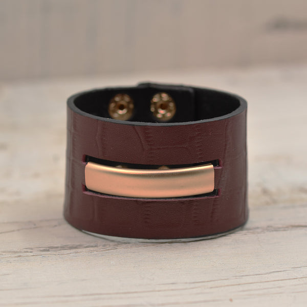 Matt Gold Bar through Red Leather Cuff Bracelet 19cm
