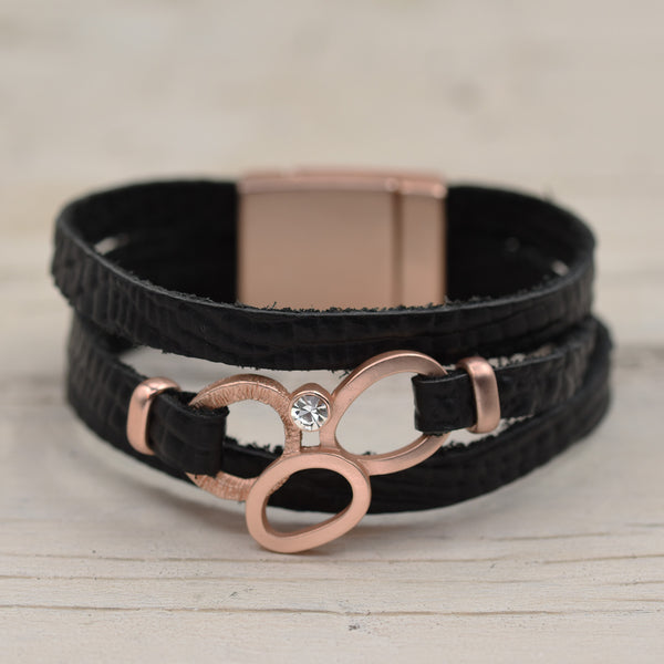 Matt Rose Gold Circle Detail and Black Leather Braceler 19cm