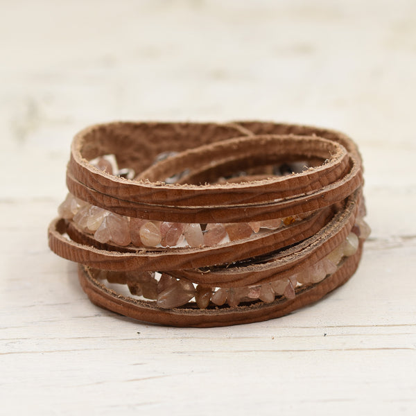 Multi-strand luxury leather bracelet with semi-precious chip strand